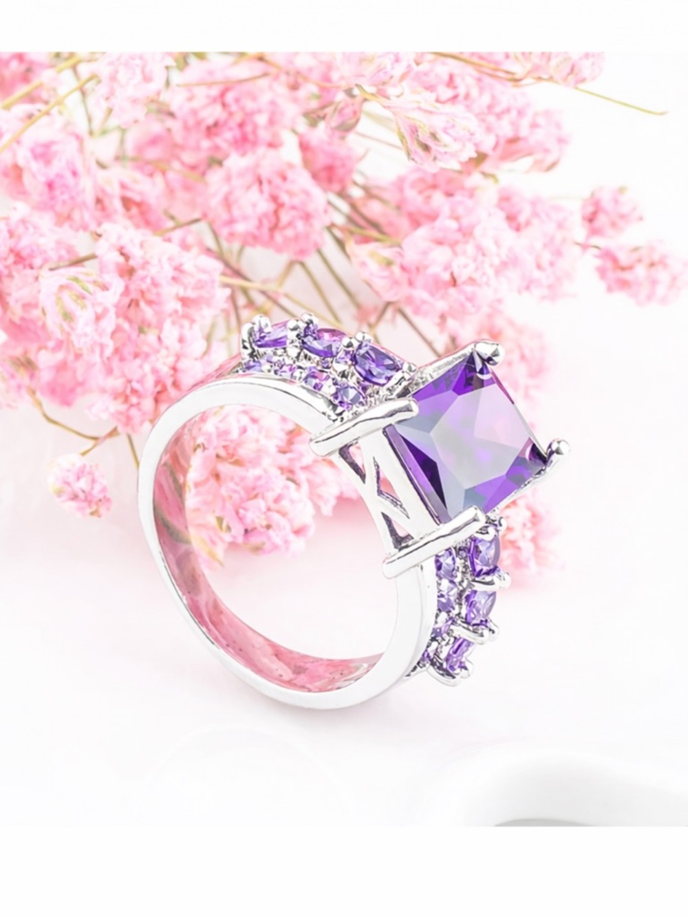 .925 Sterling Silver Purple Square CZ Cocktail Ring - Picture 2 of 3